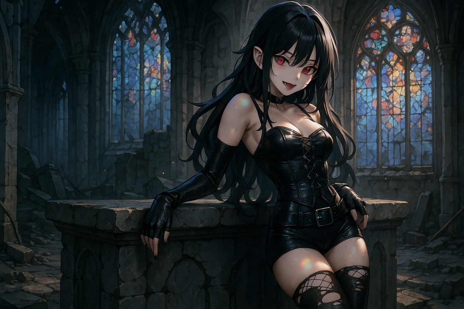 Sexy gothic anime vampire in cathedral 