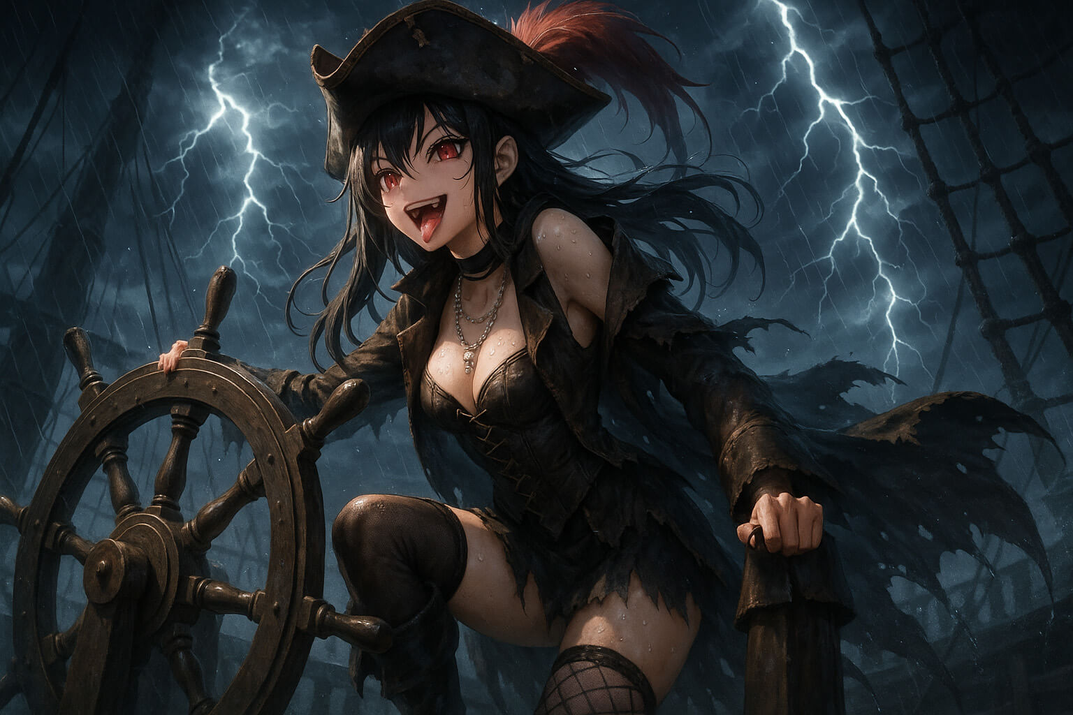Sexy vampirate steering the boat 
